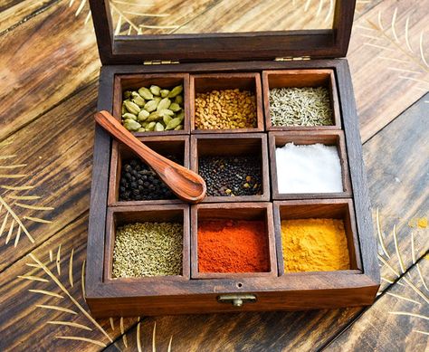 Spice Storage Containers, Indian Spice Box, Masala Dabba, Masala Spice, Hidden Compartments, Fruit Storage, Wooden Table Top, Spice Storage, Kitchen Spices