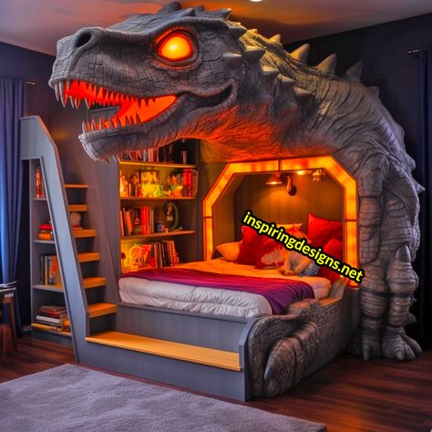 These Giant Dinosaur Shaped Bunk Beds Turn Sleepovers into Dino Adventures Kids Boys Bed, Dinasour Bed, Dinosaur Beds, Bed For Boys Room, Dinosaur Chair, Dinosaur Bed, Bedroom For Boys, Dinosaur Theme Room, Bed For Boys