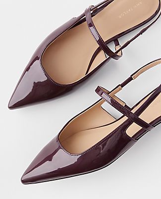 Sleek and strappy, our patent pointy toe flats build your look from the ground up. Pointy toe. Padded footbed for complete comfort. 1/4" heel.,Imported:Imported,Fabrication:Faux Leather Patent Strappy Pointy Toe Flats by Ann Taylor Size regular - 5 Midnight Grape Women's Flat, Flats, Footwear, Faux, Leather Womans Dress Shoes Flats, Trendy Flat Shoes, Point Toe Shoes, Red Patent Leather Shoes Outfit, Pointed Toe Kitten Heels Outfit, Women’s Flats, Trendy Flats For Women, Pointed Toe Flats Outfit, Flat Shoes Women Classy