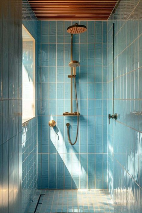 We obviously can’t get enough of these blue-tiled bathrooms. Here are some more magnificent designs! Bathroom Blue Tiles Ideas, Blue Tile And Wallpaper Bathroom, Bathroom Aesthetic Tiles, Blue Bathroom Suite, Colorful Tiled Bathroom, Bathroom Colorful Tile, Small Bathroom Blue Tile, Bathroom Shower Renovations, Blue Red Bathroom