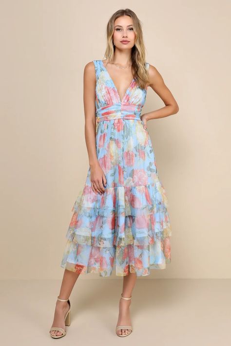 Blue Floral Tulle Dress - Tiered Ruffled Dress - Tulle Midi Dress - Lulus Kentucky Derby Outfit For Women, Derby Outfits For Women, Graduation Guest Outfit, Kentucky Derby Outfits, Floral Dress Wedding Guest, Kentucky Derby Outfit, Floral Tulle Dress, Tea Party Outfits, Ruffled Midi Dress