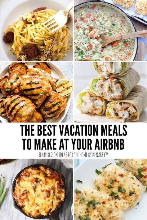 What is a meal you can make your family at your Airbnb? I have a bunch of them! These are some easy vacation meals ideas that you can make when you rent a home. #kenarry #ideasforthehome Essen, Family Vacation Meals, Easy Vacation Meals, Beach Vacation Meals, Vacation Meal Planning, Meals For Family, Cottage Meals, Lake House Food Ideas, Summer Boat