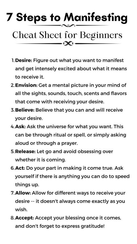 7 Steps for Manifestation Cheat Sheet for Beginners | Here are some steps on how to manifest faster and effectively. #manifestation #manifest #manifestmoney #manifestwealth Manifestation How To, Manifestation Cheat Sheet, How To Manifest For Beginners, What To Say When Manifesting, Ways To Manifest Someone, Manifestation On Paper, Basics Of Manifestation, Make Subliminals Work Faster, Manifestation For House