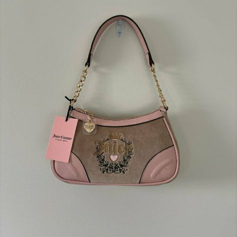 Nwt Juicy Couture Cafe Velour Heritage Shoulder Bag Gold Tone Hardware 1 Zip Pocket And 1 Zip Pocket Approx. Measurements Purse - 10"W 5.5"H X 2.5 "D Pink And Brown Juicy Couture Bag, Juicy Bag, Juicy Couture Bag, Pink Shoulder Bags, My Style Bags, Juicy Couture Purse, Handbag Storage, Couture Handbags, Vintage Makeup
