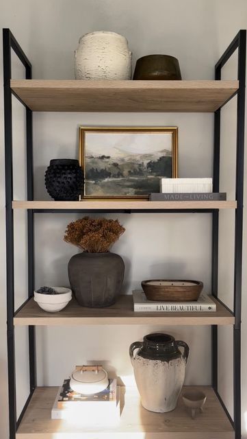 How To Decorate Shelves Living Room, Lamp On Shelf Bookshelves, Fall Shelf Styling Living Room, Black Shelves Styling, Modern Organic Shelves, Styling Picture Shelves, Styling Black Shelves, Small Corner Ideas Living Room, Simple Shelf Styling