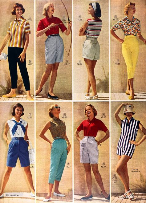 1950s shorts and capris, 1958                                                                                                                                                                                 More Summer Fashion Outfits Beach, Modest Summer Fashion, 40 Women, Summer Fashion For Teens, Summer Outfits For Teens, Chic Pants, Work Chic, Casual Chic Style, Womens Fashion For Work