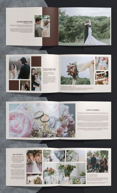 Wedding Album Template InDesign - 22 unique pages Photo Album Template Layout, Wedding Album Magazine, Wedding Photo Album Layout Design, Bride Album Design, Wedding Albums Designs, Wedding Album Design Layout Templates, Wedding Albums Ideas, Wedding Layout Design, Wedding Album Design Ideas