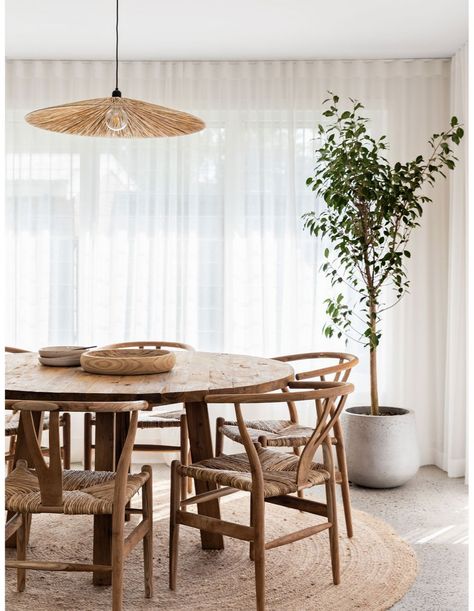 Neutral Dining Room, Boho Dining Room, Rattan Pendant Light, 카페 인테리어 디자인, Satin Bedding, Dining Room Interiors, Single Pendant Lighting, Interior Renovation, Hus Inspiration