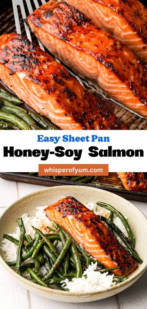 Honey-soy salmon baked on a sheet pan with french green beans and a honey soy marinade also used as a sauce. Salmon And Green Beans, Salmon Sheet Pan Dinner, Honey Soy Marinade, Salmon Sheet Pan, Salmon Green Beans, Honey Soy Salmon, Seasoned Green Beans, Sheet Pan Salmon, Salmon Meal Prep