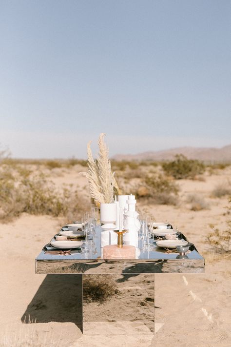 20 Desert-Inspired Wedding Ideas for the Boho Couple Dining Table Photoshoot, Sedona Airbnb, Table Photoshoot, Taco Party Ideas, Mirrored Dining Table, Desert Villa, California Desert Wedding, Pastel Invitation, Bohemian Centerpieces