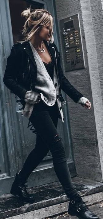 Cute Winter Outfit Ideas, Cute Edgy Outfits, Cardigan Gris, Work Outfits Frauen, Cute Winter Outfit, Edgy Woman, Best Casual Dresses, Stile Casual Chic, Outfit Essentials