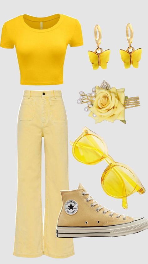 Yellow outfit Yellow Accessories Outfit, Yellow 70s Outfit, All Yellow Outfit, Yellow Summer Outfits, Cute Yellow Shirts, Yellow Top Outfit, Preppy Yellow, Yellow Shirt Outfit, 60s Outfit