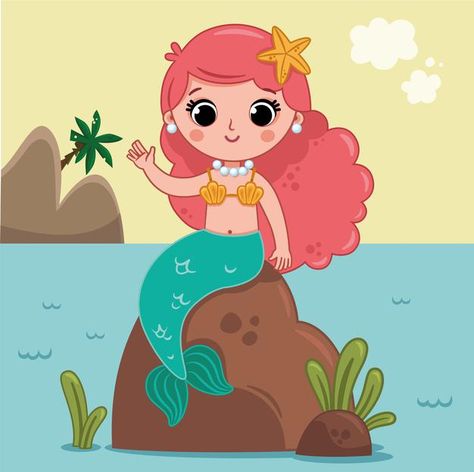 Mermaid Sitting On A Rock, Mermaid On Rock, Summer Character, Mermaid Sitting, Mermaid Vector, Mermaid Cartoon, Water Kids, Summer Drawings, Mermaid Kids