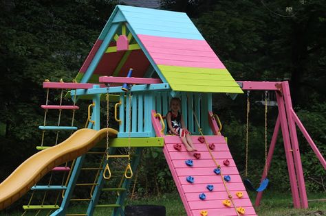 Made for Little O. Old redwood playground upcycled with colorful Benjamin Moore Arborcoat custom stains. Better than new! Upcycling, Benjamin Moore Arborcoat, Rainbow Playset, Redwood Furniture, Colorful Playground, Wood Playground, Playground Landscaping, Backyard Playset, Gallon Of Paint