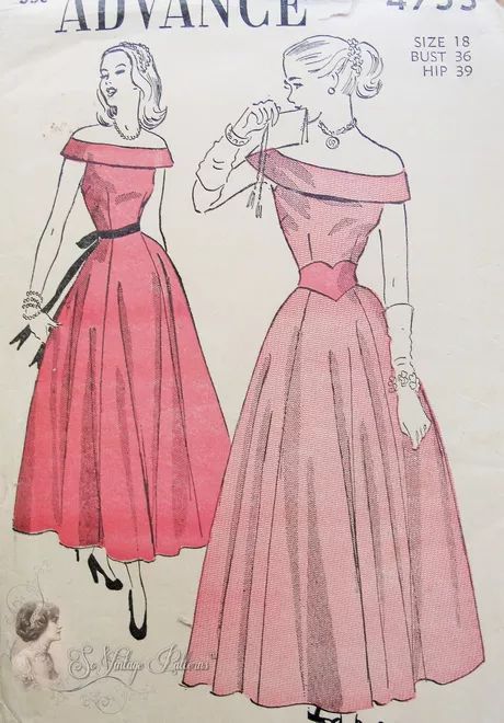 Vintage Fashion Patterns, Vintage Dresses Drawing, Vintage Fashion Sketches Dresses, 1940s Ballet, Off Shoulder Dress Pattern, 1940s Party Dress, 1940s Evening Dresses, Party Dress Pattern, Portrait Neckline