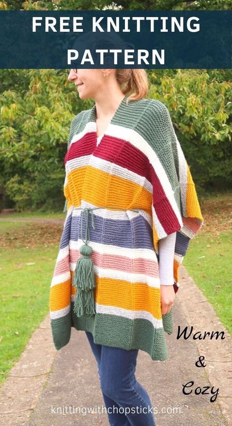 Every wardrobe needs a signature piece like this cozy knit poncho. With its loose oversized fit and open front, it will pair with almost any top in your closet. This free poncho knitting pattern includes light texture and bold stripes, making it the perfect piece for everything from a photoshoot to cozying up at a bonfire. Check out the free easy step-by-step pattern here. #ponchopattern #knitponchopattern #ponchoknittingpattern Knit Poncho Pattern, Easy Poncho Knitting Pattern, Knitting Clothes Patterns, Poncho Knitting, Summer Knitting Patterns, Knitting Clothes, Knitting Sweaters, Tassel Belt, Womens Poncho