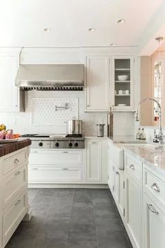 dark kitchen tile floor? yay or nay? White Kitchen Dark Floors, Stone Kitchen Floor, Grey Tile Kitchen Floor, Slate Floor Kitchen, Dark Kitchen Floors, Grey Kitchen Tiles, White Kitchen Floor, White Quartzite Countertops, White Tile Kitchen Floor