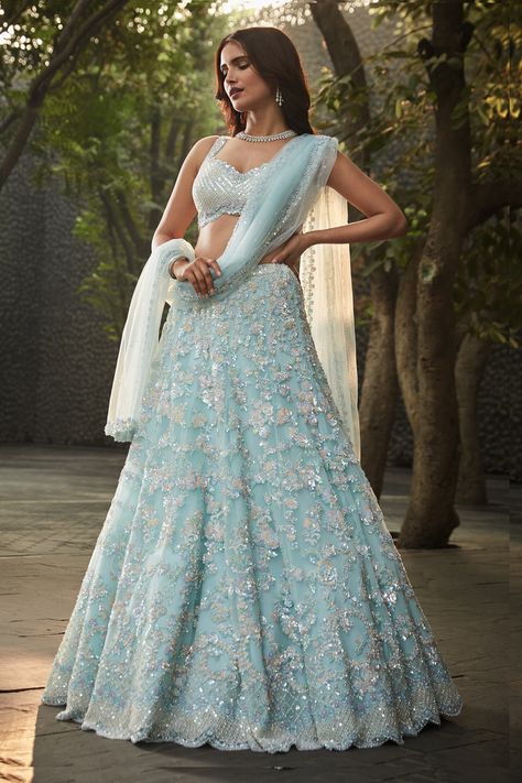 Lace Indian Dress, Aza Lehenga, Seema Gujral Lengha, Lengha Inspiration, Blue Ghagra Choli, Lehnga Designs Indian Weddings, Aesthetic Lehenga, Lahenga Design, Sky Blue Lehenga