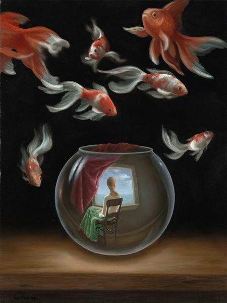 Woman in fishbowl & fish outside bowl surreal at Kollage Konst, غلاف الكتاب, Surealism Art, Tableaux Vivants, Desen Realist, René Magritte, Hiasan Bilik, Soyut Sanat Tabloları, Rene Magritte