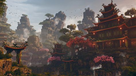 Michał Baca talked about his Japanese Fantasy Environment made for the recent ArtStation Challenge: blockout, rock and vegetation workflows in ZBrush and 3ds Max, lighting in UE4. Fantasy Environment, Japanese Background, Japanese Castle, Japan Landscape, Fantasy Background, Landscape Concept, Japanese Landscape, Fantasy Castle, Fantasy City