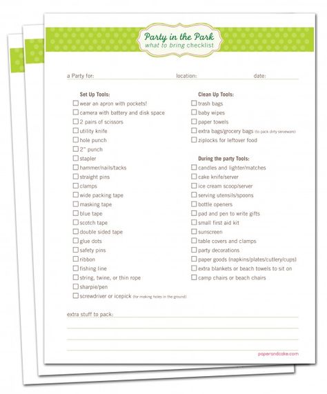 Free printable party in the park checklist by paper & cake Party At Park, Baby Essentials Checklist, Newborn Baby Essentials, Party In The Park, New Baby Checklist, Shark Birthday Cakes, Bubble Guppies Birthday Party, Birthday Party Checklist, Birthday Party At Park