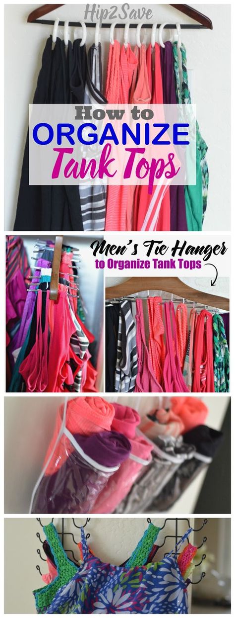 4 Easy Ways to Organize Tank Tops. If you find your closet is a bit of a mess, and you would like to make your closet more organized, then there are some very helpful ways in this blog article. It's definitely worth your time to read up on this.  Visit Hip2Save.com for more tips on home organization, saving money, and craft ideas. Organisation, Organize Tank Tops, Tank Top Organization, Apartment Closet Organization, Diy Closet Storage, Closet Clothes Storage, Diy Bedroom Storage, Closet Planning, Bedroom Organization Storage