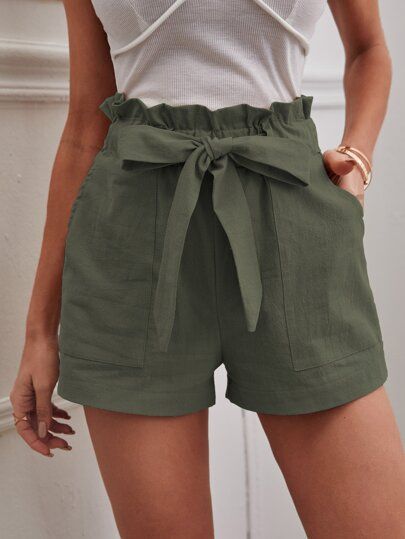SHEIN Knot Waist Lace Hem Solid Shorts | SHEIN USA Trendy Shorts 2023, How To Style Paper Bag Shorts, Bucket Shorts, Paper Bag Shorts Outfit, Look Con Short, Paper Bag Shorts, Women Bottoms, Outfits Mujer, Shorts Casual