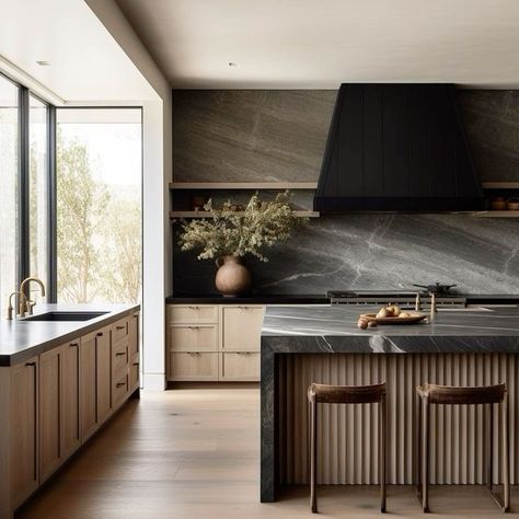 Mixed Materials Interior Design, Brown And White Marble Kitchen, Walnut Marble Kitchen, Black Granite Waterfall Island, Black Stain Kitchen Cabinets, Modern Moody Kitchen, Earthy Contemporary Home, Masculine House Decor, Dark Green And Wood Kitchen