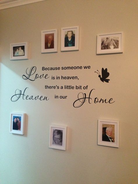 My memorial wall... Loved Ones Memory Wall, Memorial Hutch, Vinyl Memorial Projects, In Memory Of Home Decor, Memory Corner At Home, Wall Of Remembrance Ideas, Memorial Photo Display Ideas For Home, In Memory Wall Decor Ideas, Memory Wall Ideas Room Decor