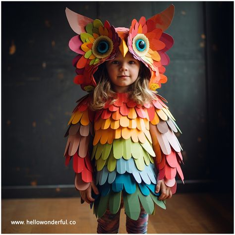 Rainbow Owl Costume. Kids Halloween costumes. DIY Owl costume Kids Rainbow Costume, Elemental Halloween Costumes, Diy Animal Costume For Kids, Easy Animal Costumes, Animal Costume Diy, Owl Fancy Dress, Bird Costume Diy, Diy Halloween Costumes Kids, Diy Bird Costume