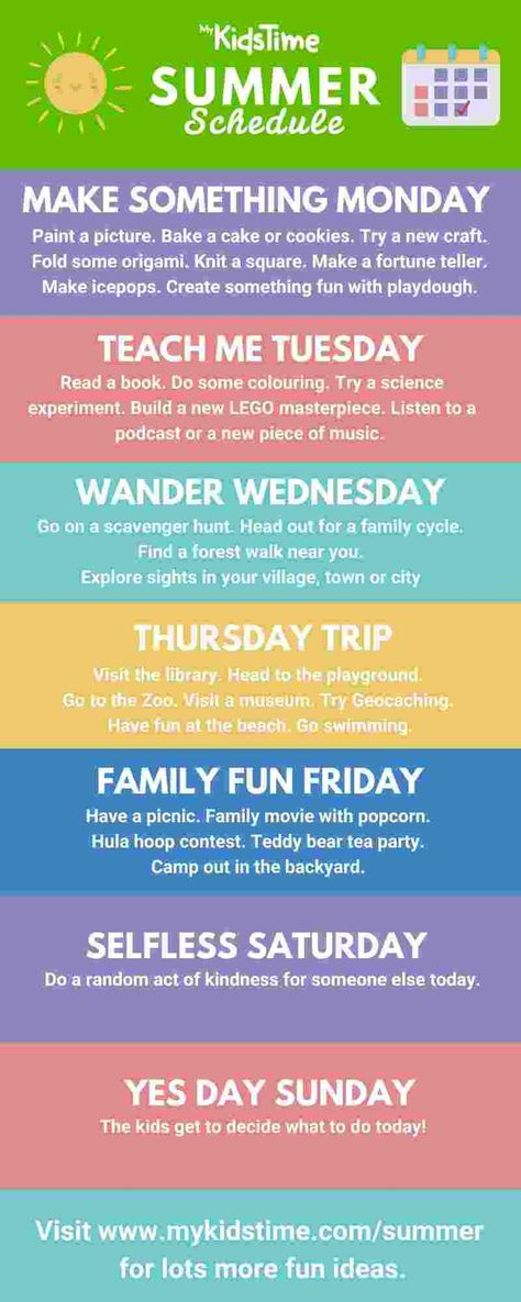 Organisation, Summer Camp Schedule Ideas, Easy Fun Summer Activities For Kids, Summer Activities To Do With Kids, Summer Week Themes For Kids, Summer Break Schedule For Kids, Summer Holiday Activities For Kids, Summer Fun Activities For Kids, Summer Kids Activities