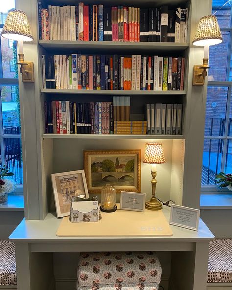 Bookshelf Hidden Desk, Library Built In Desk, Desk With Bookshelf Above, Built Ins On Carpet, Hallway Bookcase Built Ins, Bookcase Desk Built In, Small Built In Bookshelf, Built In Bookshelves And Desk, California Closets Office