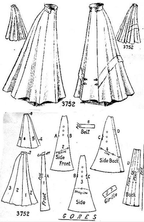 Ladies 8-gored skirt, Edwardian (1900s) More 1910 Skirt Pattern, Steampunk Skirt Pattern, Edwardian Skirt, Pola Rok, Edwardian Clothing, Patron Vintage, Edwardian Dress, Costume Patterns, Victorian Clothing