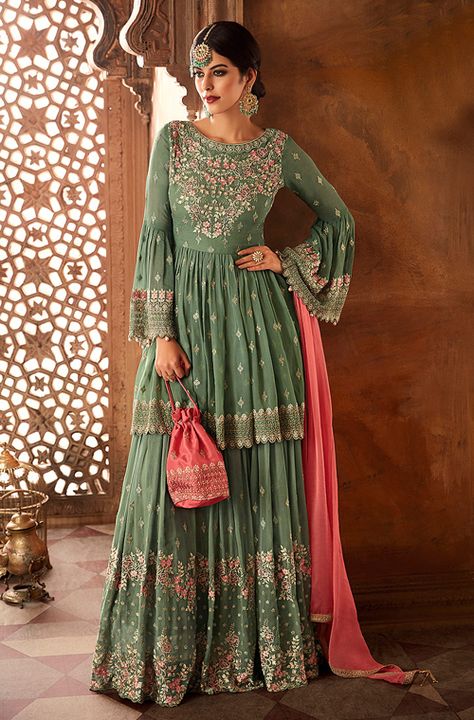 Green Sharara, Gharara Suits, Georgette Sharara, Designer Suits Online, Pakistani Designer Suits, Sharara Suit, Utsav Fashion, Peplum Styling, Pakistani Suits