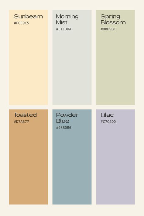 This color palette is bright, refreshing, and joyful. Its pastels and warm yellows and blues bring the joy of a spring and summer day. The blue and yellows tying into the sun and sky, and the green and purple grounding it to nature. The pastel shades invoke a sense of liveliness, warmth, and freedom. Colour Combinations Pastel, Cold Pastel Color Palette, Colours That Go Well Together, Gender Neutral Pastel Color Palette, Desert Pastel Color Palette, Pastel Tones Aesthetic, Light Blue And Beige Color Palette, Color Pallettes Aesthetic Pastel, Sky Blue Color Scheme