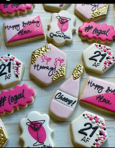 Cake Pops, Wine Birthday Cookies Decorated, 21st Cookies Decorated, 21st Birthday Royal Icing Cookies, 21 Birthday Cookies Decorated, 21st Birthday Cookies For Girl, 21st Bday Cookies, Pink Birthday Cookies, 21st Birthday Cookies