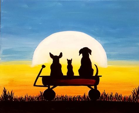 Dog Canvas Painting, Silhouette Painting, Paint Nite, Simple Acrylic Paintings, Wow Art, Night Painting, Arte Horror, Dog Paintings, Painting Class