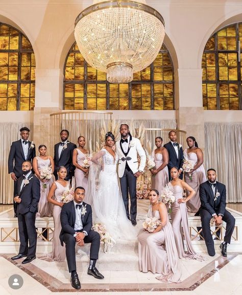 Black Bride And Bridesmaid Pictures, Wedding Ideas For Black Couples, African American Groomsmen, Black Family Wedding Photos, Bride And Groom With Bridesmaids, Bridal Party Photos Black People, Wedding Pictures Black Couples, Wedding Color Ideas Black People, Spring Wedding Black People