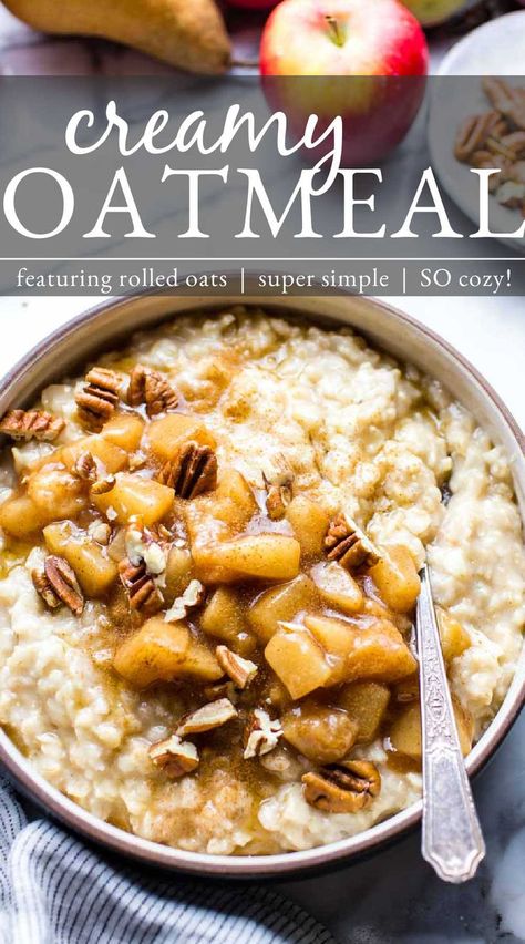 Creamy Oatmeal In a Bowl topped with Stewed Apples Rolled Oats Recipe Breakfast, Old Fashioned Oats Recipe, Rolled Oats Recipe, Creamy Oatmeal, Oats Recipes Breakfast, Healthy Oatmeal Recipes, Old Fashioned Oatmeal, Breakfast Oatmeal Recipes, Oatmeal Bowls