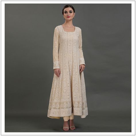 From Talking Threads Heritage Collection: Stunning ensemble featuring fusion of two iconic thread arts Timeless Parsi Gara and Heritage Lucknowi Chikankari #talkingthreadsofficial #parsigara #chikankari #futureoftradition #craftswelove #needleworkartistry #anarkalisuits #timelesselegance Anarkali Wedding, Off White Anarkali, White Anarkali Suits, Indian Clothes Women, Chikankari Suit, White Anarkali, Ethnic Dresses, Chikankari Suits, Kaftan Designs