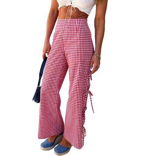 PRICES MAY VARY. Material: Polyester and cotton blend. Y2k plaid long pants, wide leg plaid print lounge pants, super soft, skin friendly, breathable, relaxed fit, are perfect for staying cool and stylish all season long. Feature: Plaid wide leg pants, side bow tie pants pajama trousers, tie up legs that give you the freedom to adjust the fit and a loose silhouette, hollow out, elastic high waist, summer sweatpants pajama bottoms, gingham lounge pants. Style: Women girls loose plaid pants, bow t Kawaii, Streetwear Outfits Aesthetic, Summer Sweatpants, Boho Chic Outfits Summer, Aesthetic Plaid, Elastic Waist Pants Outfit, 90s Fashion For Women, Casual Summer Pants, High Waisted Pleated Skirt