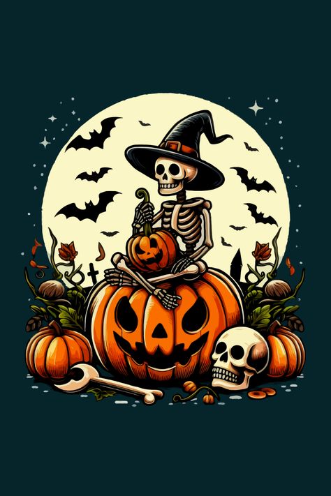 Spooky Skeleton on a Pumpkin: A Humorous cartoon design featuring a skeleton sitting on a pumpkin. Perfect for Halloween Enthusiasts Nature, Pumpkin Halloween Art, Skeleton Sitting, Spooky Skeleton, Skeleton Design, Phone Lock, Lock Screens, A Skeleton, Camp Ideas