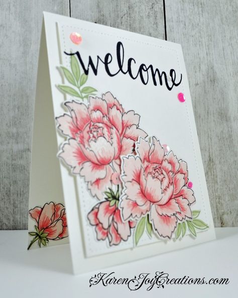 Welcome Cards Handmade, Welcome Card Ideas Handmade, Welcome Card Ideas, Welcome Card Design, Flowers Bouquet Peonies, Welcome Cards, Layering Stamps, Paper Craft Greeting Cards, Bouquet Peonies