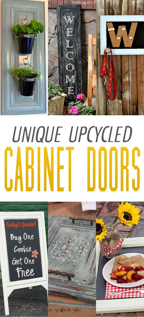 Unique Upcycled Cabinet Doors - The Cottage Market Cupboard Doors Repurposed, Ideas For Cupboard Doors, Unique Kitchen Cabinet Doors Diy, Dress Up Cabinet Doors, Unusual Cabinet Doors, Repurposed Kitchen Cabinet Doors, Curtains As Cabinet Doors, Reuse Cabinet Doors Ideas, Kitchen Cabinet Door Alternatives