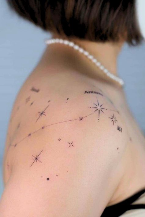 Star Tattoo On Shoulder, Best Star Tattoos, Sparkle Tattoo, Whimsical Tattoos, Astrology Tattoo, Star Tattoo Designs, Petite Tattoos, Theme Tattoo, Spine Tattoos For Women