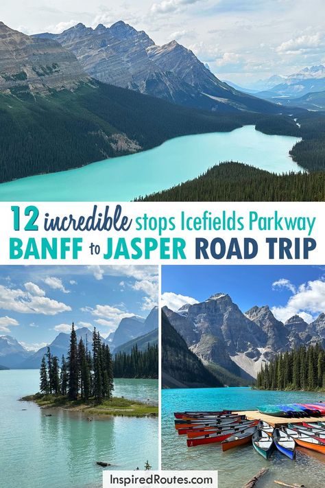 The Icefields Parkway is a breathtaking 144-mile road trip between Banff National Park and Jasper National Park in Alberta, Canada. Best activities including stunning lakes, gorgeous waterfalls and jaw dropping mountains. This bucket list road trip is a must-do in your lifetime! | Canada Bucket List | Banff National Park | Jasper National Park | Icefields Parkway Banff And Jasper National Park, Glacier National Park Canada, Banff Vacation, Canmore Canada, Canadian Travel Destinations, Icefield Parkway, Banff Trip, Glacier National Park Vacation, Canada Camping