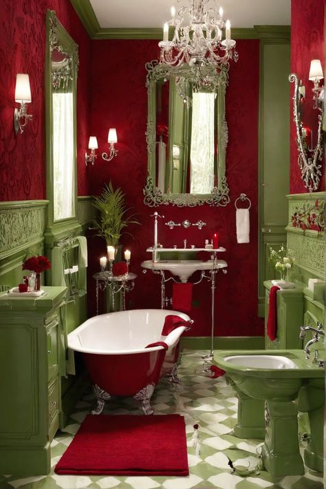 What’s the Sage Green Whispers: Ruby Red Bathroom Romance [2024]? All You Need to Know! #Ad #homedecor #homedesign #fixhome #Painthome #interiorarchitecture Strawberry Bathroom Aesthetic, Red And Green Room Aesthetic, Red And Pink Bathroom, Green And Red Room, Green Themed Bathroom, Red And Green Room, Green Pink Bathroom, Bathroom Romance, Green And Red Kitchen