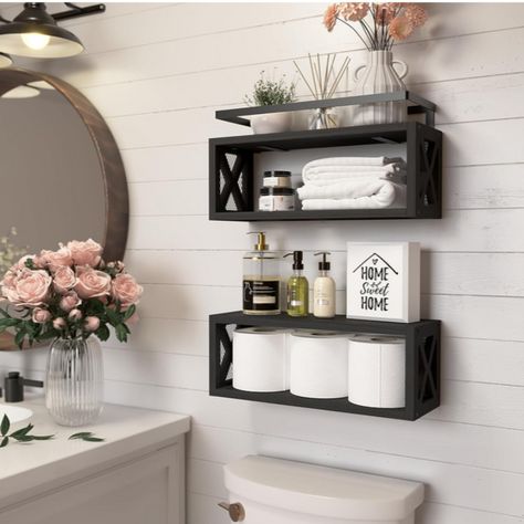 Metal Guardrail, Shelves Kids, Bathroom Tiny, Rustic Wood Shelves, Wooden Bathroom Shelves, Farmhouse Bathroom Accessories, Over Toilet Storage, Accent Shelf, Shelves Over Toilet