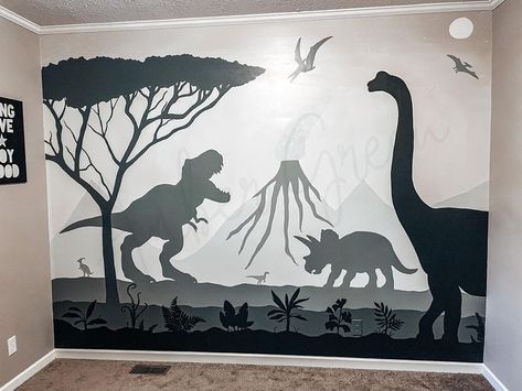 Boys Dinosaur Room, Dinosaur Toddler Room, Dinosaur Bedroom Wall, Black And White Mural, Dinosaur Nursery Theme, Mural Hand Painted, Dinosaur Mural, Boys Dinosaur Bedroom, Hand Painted Mural