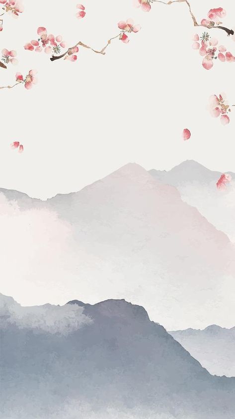 Phone Wallpaper Red, Wallpaper Cherry Blossom, Iphone Wallpaper Japan, Watercolor Japan, Iphone Wallpaper Red, Watercolor Mountain Landscape, Japan Watercolor, Floral Mobile, Wallpaper Watercolor